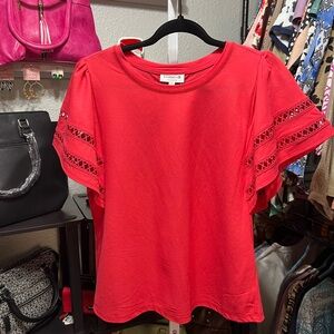 Studio B Red Lace-Trim Flutter Sleeve Top